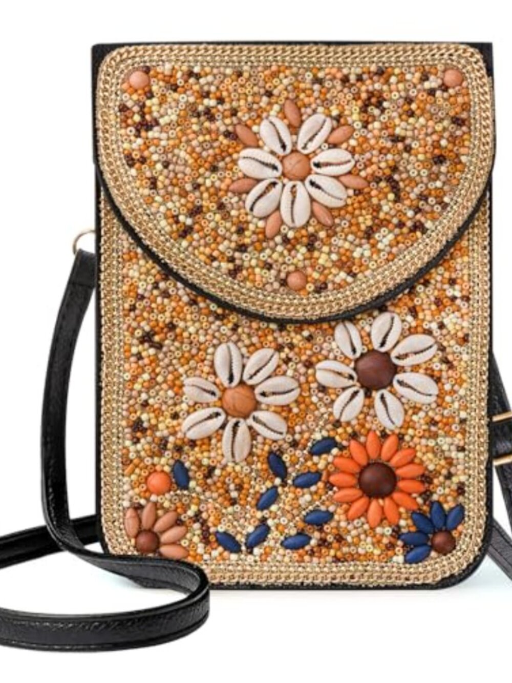 Handcrafted Beaded Crossbody Bag, Boho Cell Phone Purse, Wallet with Chain
